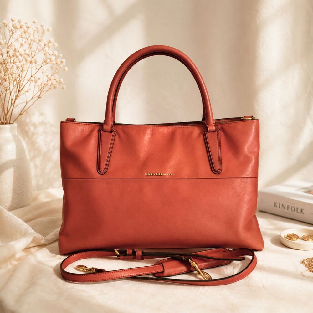 Coach Soft Borough Bag 32291 Coral Orange Nappa Leather Tote Crossbody Satchel